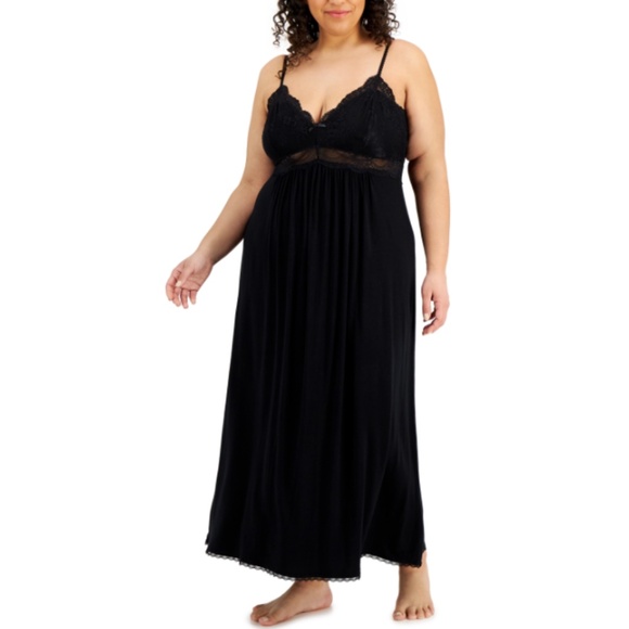 INC Plus Size Lace Cup Long Nightgown, Black - Picture 1 of 2